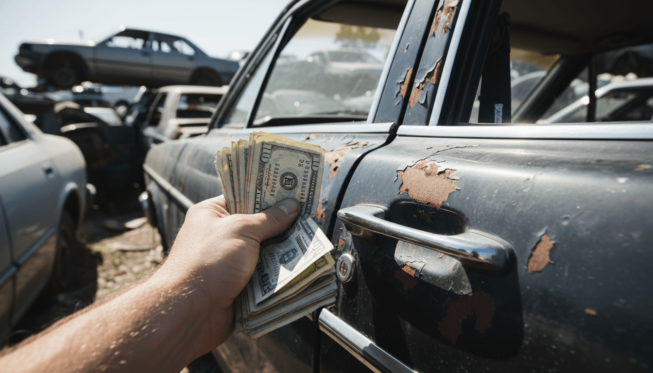 Stack of cash next to a junk car door handle in a salvage yard