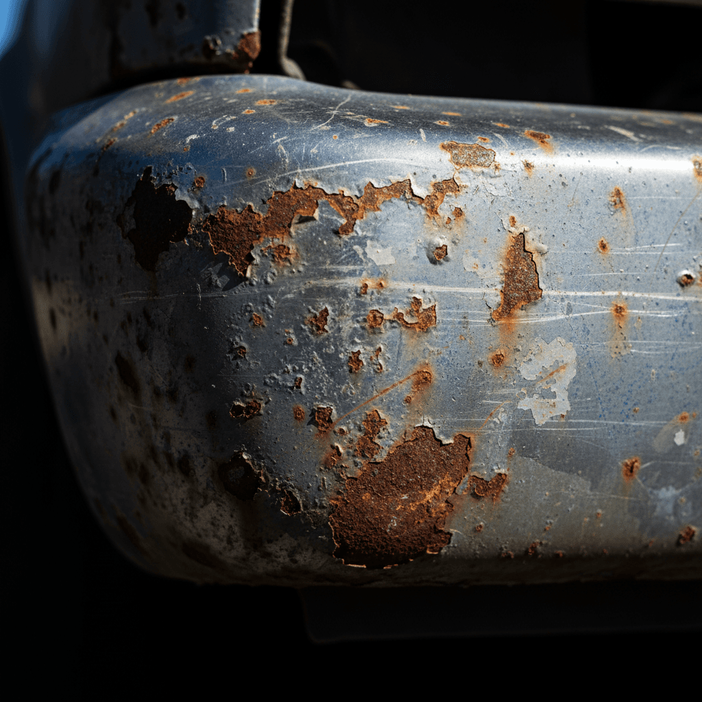Close-up of a rusted car bumper showing peeling paint and corrosion