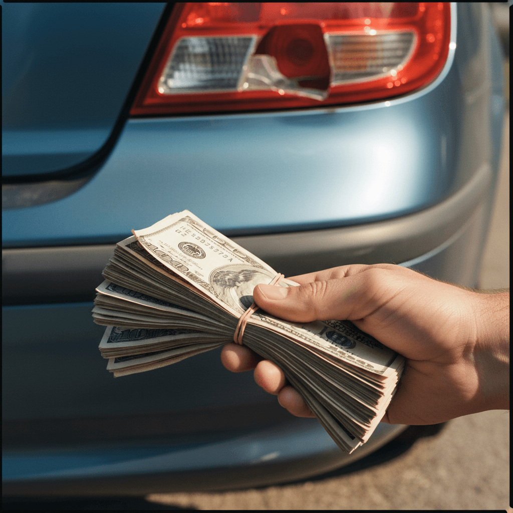 Hand holding cash in front of a damaged car