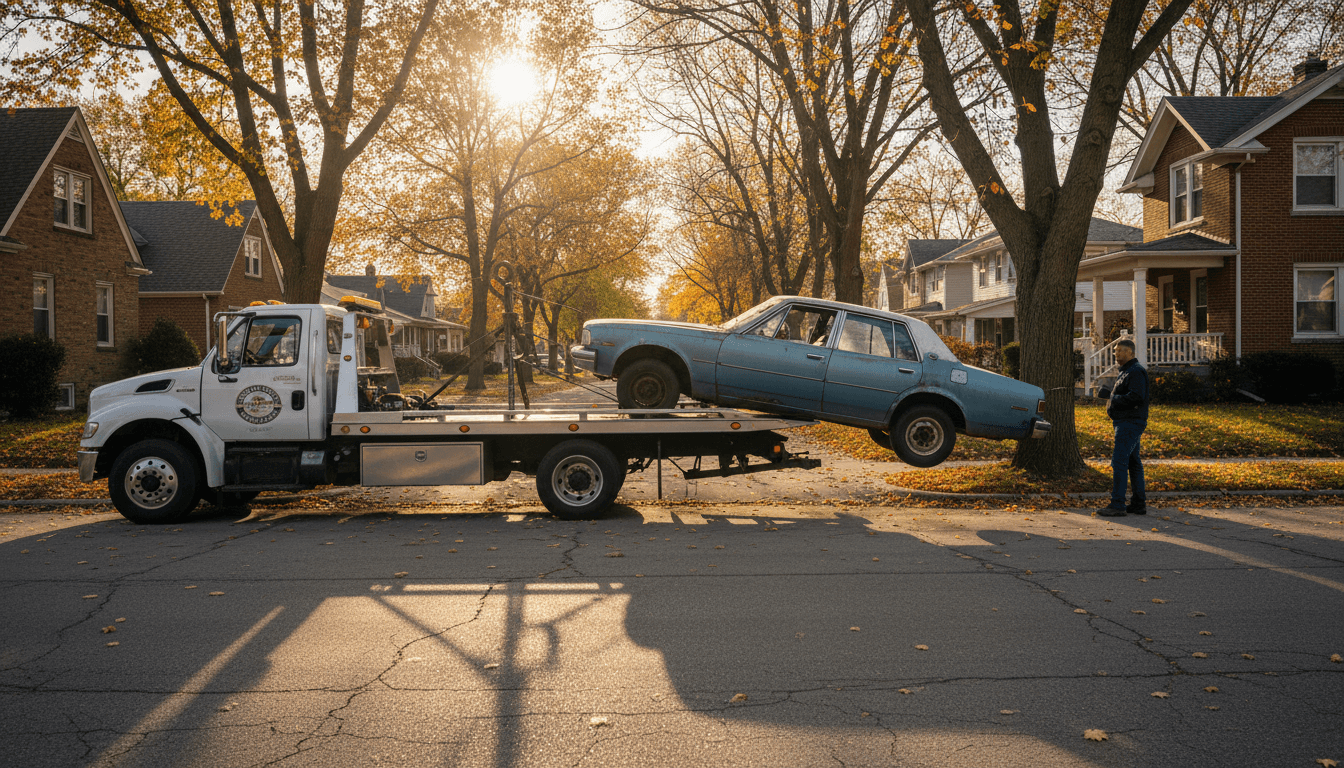 Tow truck preparing to load a junk car.