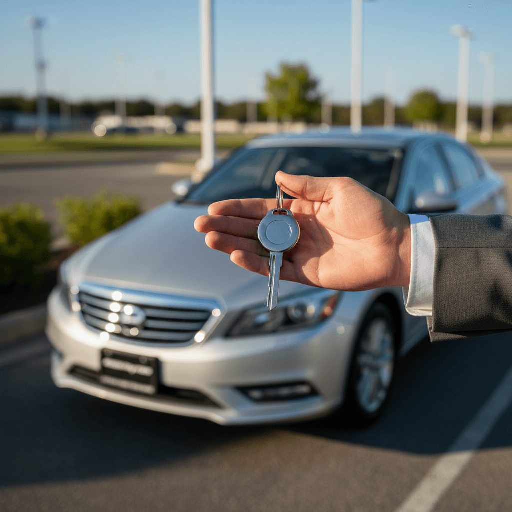 Faye handing cash to a car seller through an open car window