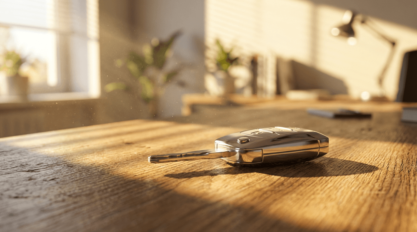A hand placing cash and a car key on a wooden table, representing same-day payment for a junk car