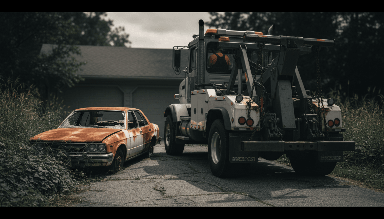 Tow truck picking up a junk car